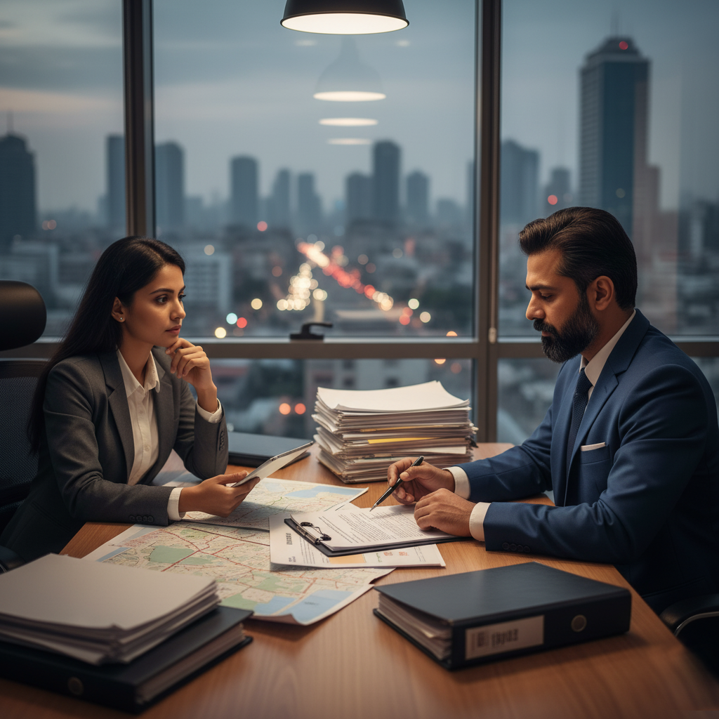 Property lawyer and client discussing legal documents